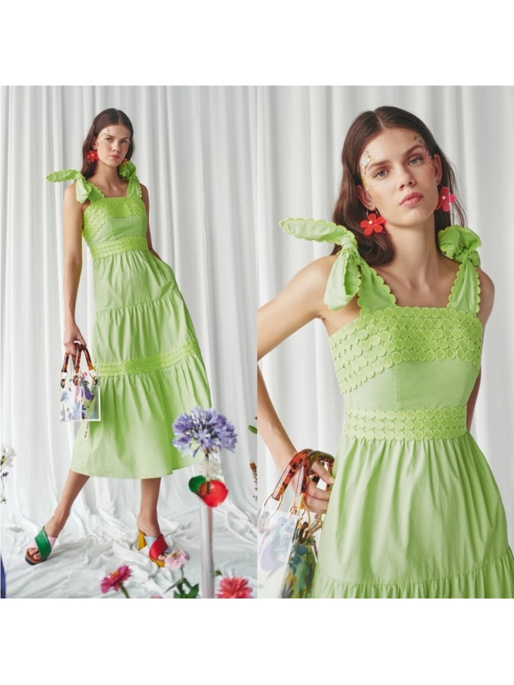 Celia B Gunnar Neon Lime Tiered Dress with Decorative Trim NWT - Medium - Picture 3 of 6